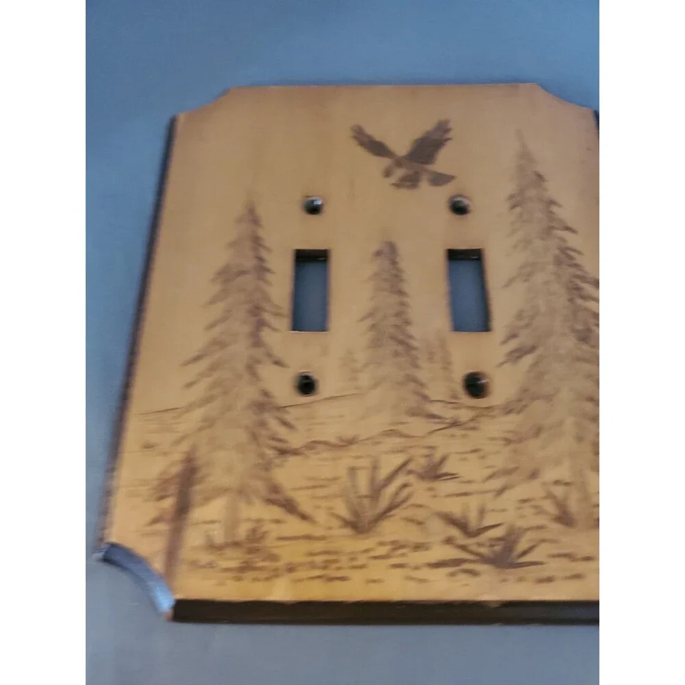 Vintage Eagle In Forest Wood Burned 2 Slot Light Switch Cover Cabin Decor MCM